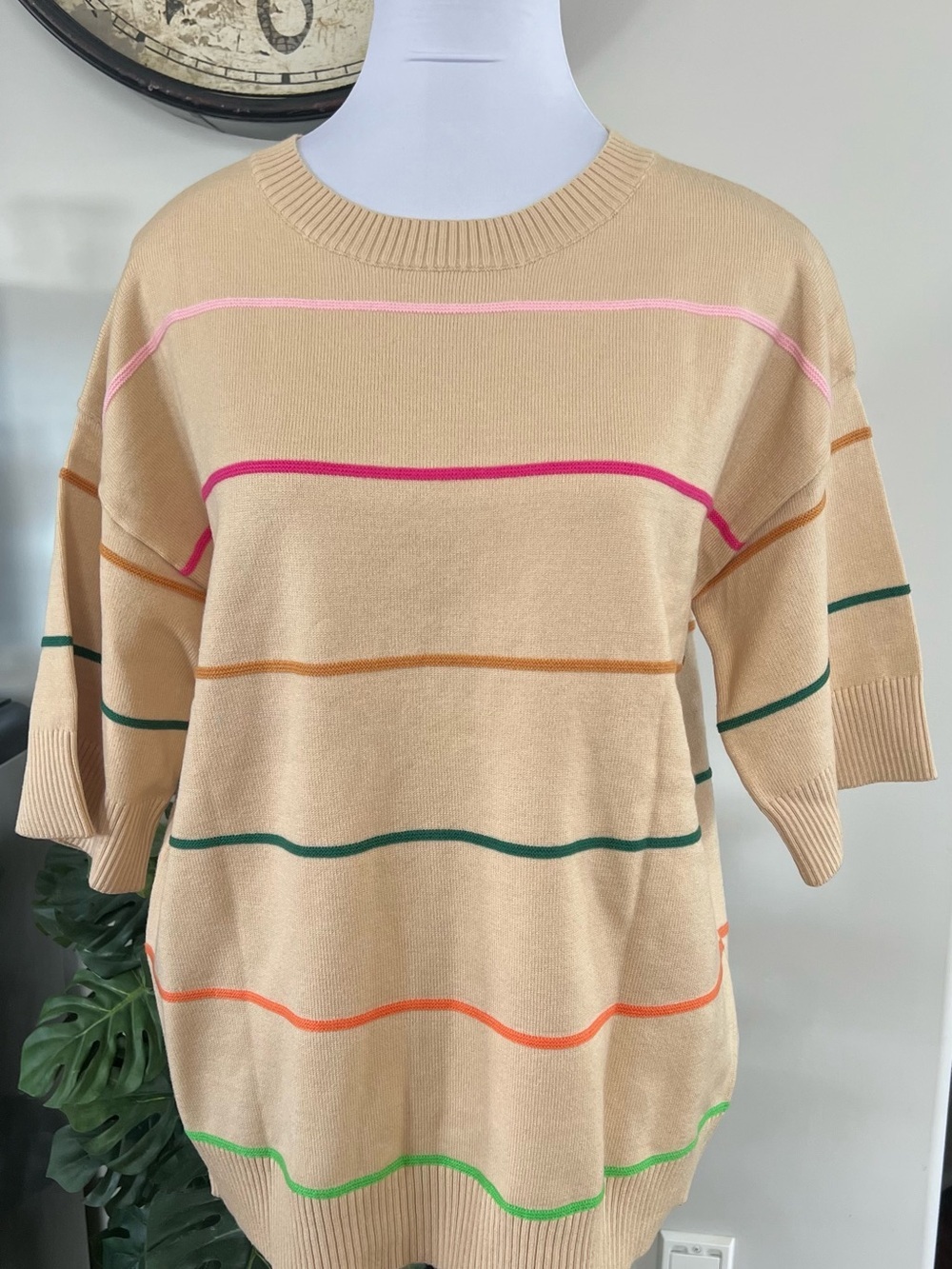 Knit Top Lightweight Beige with Multicolor Bands